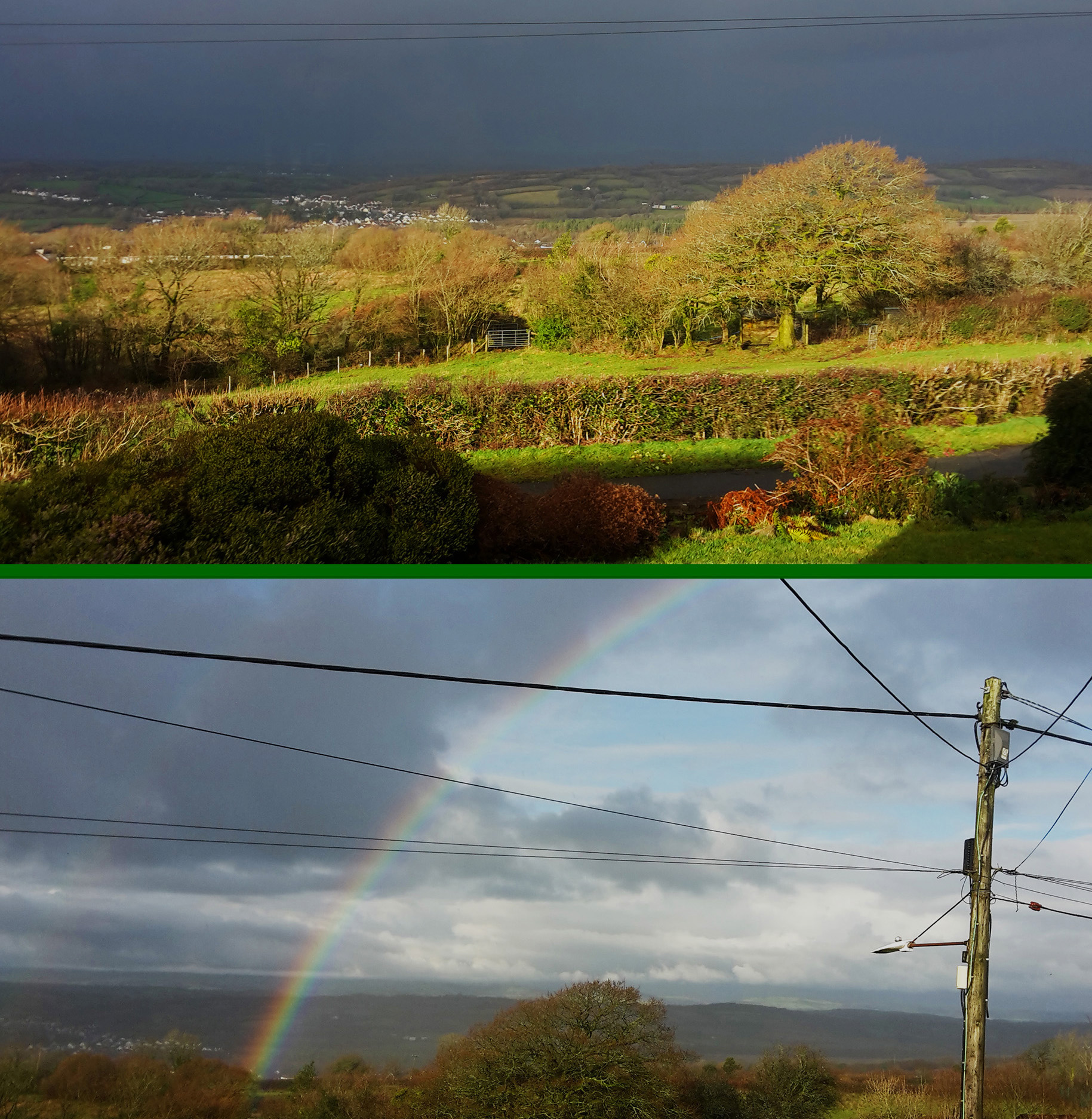 Dark clouds and a rainbow over the Gwendraeth Valley